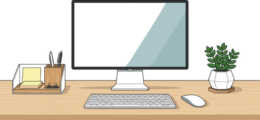 Naklejka premium Minimalist workspace setup with blank screen computer monitor keyboard mouse and small plant on wooden desk for mockups and corporate advertising