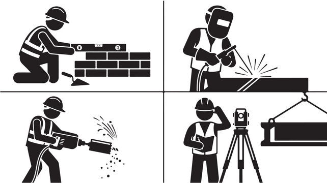 Construction worker silhouette icons, professional builder and contractor pictograms, industrial welding and masonry site labor vector set