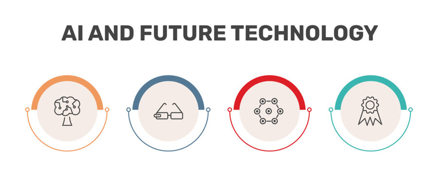 ai and future technology icon set with technology tree, ar monocle, ar camera, recognition signs in flat outline style