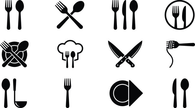 Restaurant and Cutlery Silhouette Icon Set Featuring Fork, Knife, Spoon, Ladle, and Chef Hat Symbols for Cafe Menu, Catering, and Kitchen Dining Graphic Designs