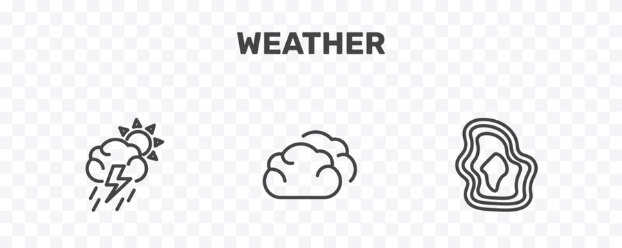weather icon set with stormy, cumulus, isobars signs in flat outline style
