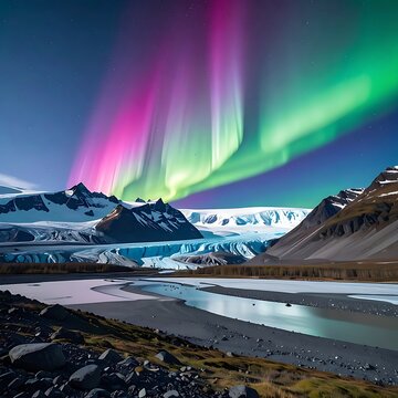 Vibrant aurora borealis over snow-capped mountains and serene lake