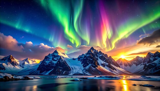 Vibrant aurora borealis over snow-capped mountains at sunset