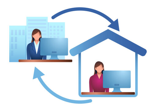Hybrid Work Concept, Woman in Business, Remote Work, Flexible Workplace, Work From Home and Return to Office Illustration