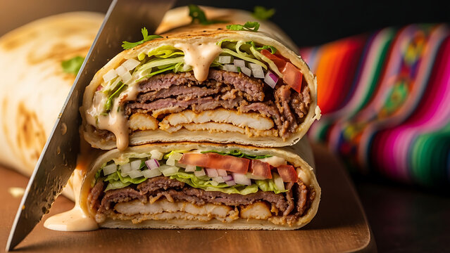 Hearty Burrito Cut in Half, Overflowing with Steak, Lettuce, Tomato, Onion, and Sauce