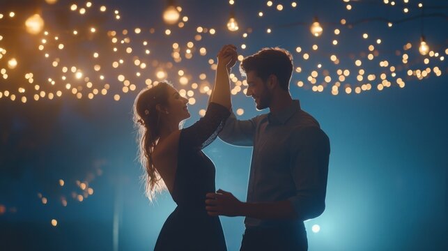 Romantic couple dancing under fairy lights at night