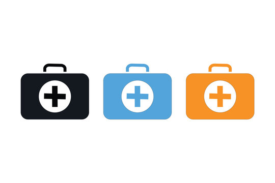 Set of three medical first aid kits in black, blue and orange colors, flat vector icons for healthcare and emergency services