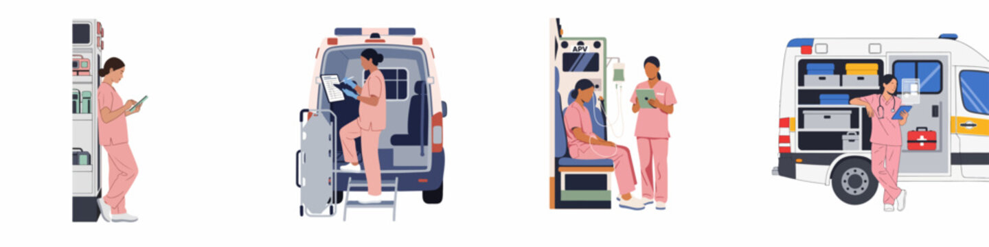 Flat vector illustrations of female paramedics and nurses in pink scrubs working with medical equipment and ambulances in various healthcare scenarios.