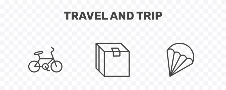 travel and trip icon set with bike, packing, parasailing signs in flat outline style