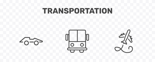 Obraz premium transportation icon set with formula 1, public transport, flying airplane signs in flat outline style
