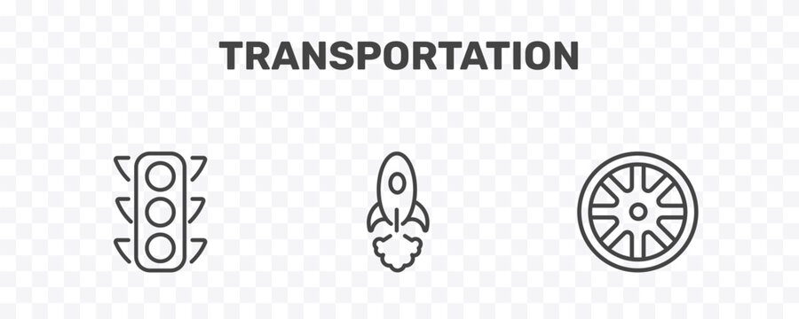 transportation icon set with car traffic, space rocket launch, alloy wheel signs in flat outline style