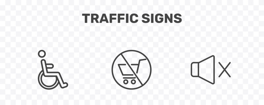 traffic signs icon set with handicap, no shopping cart, no sound signs in flat outline style