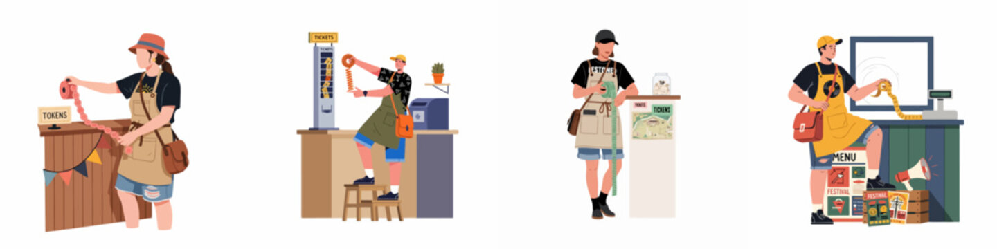 Flat vector illustration of various festival staff members working at ticket, token, and food booths, isolated on a white background.