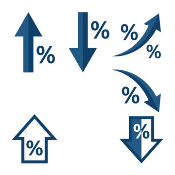 Set of blue arrows and percent signs indicating financial growth