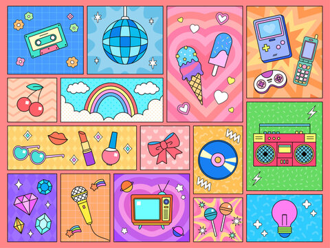 Y2K・90年代レトロポップなモチーフのコミック風ベクターイラストコレクション