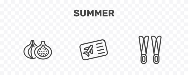 summer icon set with fig, plane ticket, flippers signs in flat outline style © Abstract