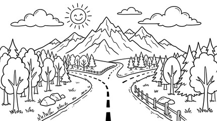 Fototapeta premium Black and white of road diverging into mountains with trees and sunny sky cloud