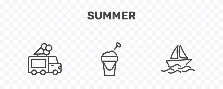 summer icon set with ice cream van, sand bucket, yatch boat signs in flat outline style