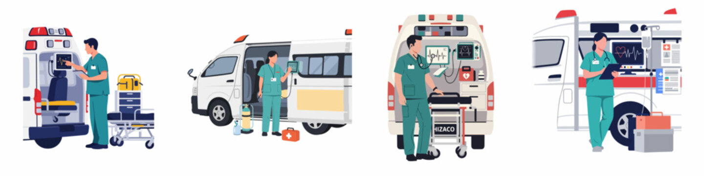 Set of illustrations featuring male and female paramedics working with ambulances and emergency medical equipment in various scenarios.
