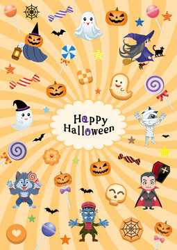 Cute Halloween background template with cartoon monsters and sweets on yellow sunburst background, vector illustration