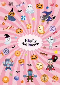 Cute Halloween background template with cartoon monsters and sweets on pink sunburst background, vector illustration