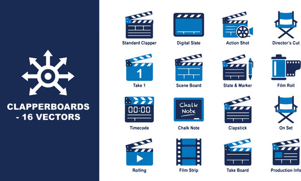 Professional Film Production and Cinema Icon Set with Movie Clapperboards and Director Equipment Vectors