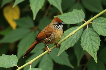 Fototapeta premium Small rufous-bellied babbler bird perches on green tree branch. It has brown feathers and white spotted chest, black eye markings. Lush foliage background in Indian forest.