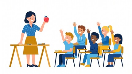 Fototapeta premium Happy students in classroom, teacher with apple, school kids raising hands, education scene, colorful illustration