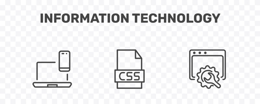 information technology icon set with cross-platform, css file format, web optimization signs in flat outline style