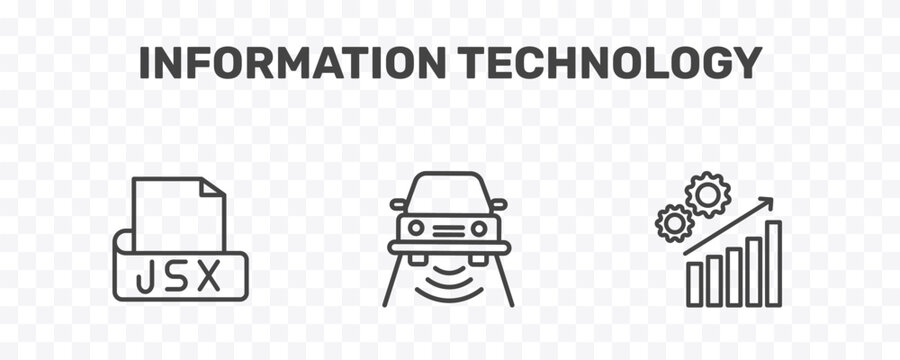 information technology icon set with jsx, smart car, seo growth signs in flat outline style
