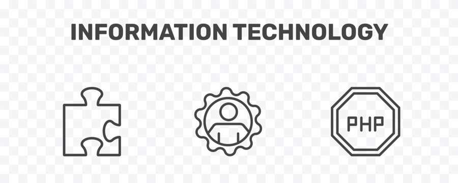 information technology icon set with addon, seo management, programming language signs in flat outline style