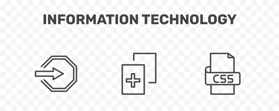 information technology icon set with login, duplicate, css signs in flat outline style