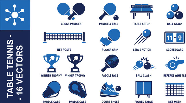 Dynamic vector icon set for table tennis, featuring essential equipment, player actions, and game components for sport graphic designs and athletic themes