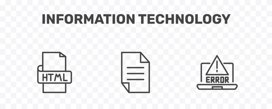 information technology icon set with html, page, program error signs in flat outline style