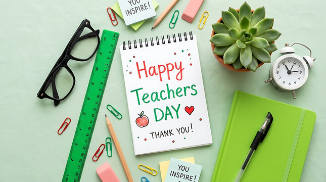 Happy teachers day notebook with glasses ruler plant alarm clock and pen