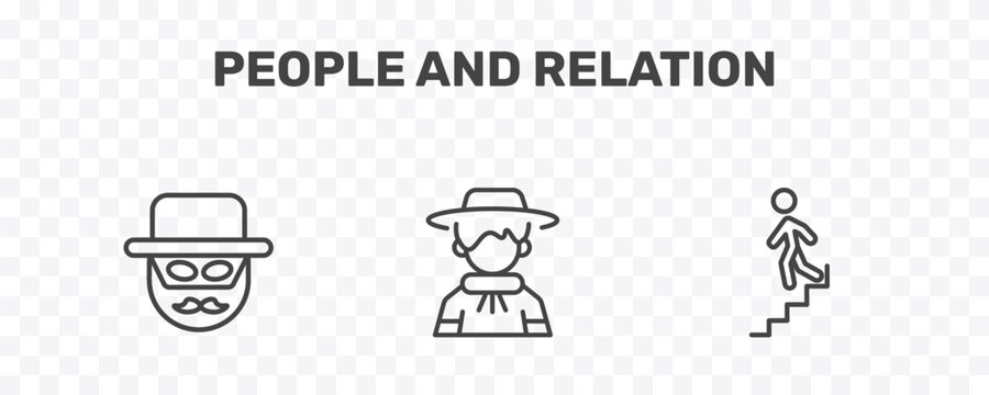 people and relation icon set with zorro, argentina, downstairs signs in flat outline style