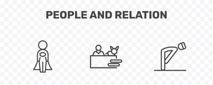 people and relation icon set with cape, vet with cat, ruku signs in flat outline style
