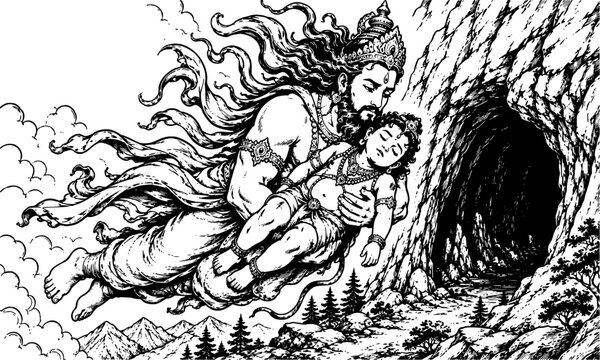 Vayu Dev Carrying Unconscious Hanuman into a Mountain Cave After Indra Thunderbolt Strike Monochrome Illustration