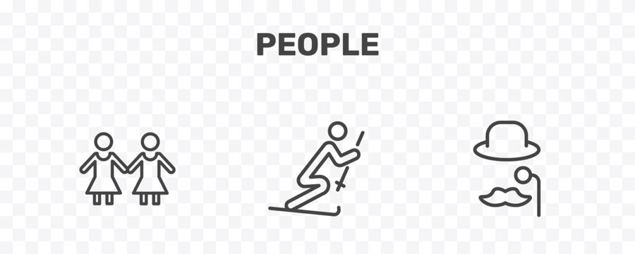 people icon set with no racism, ski stick man, sir signs in flat outline style