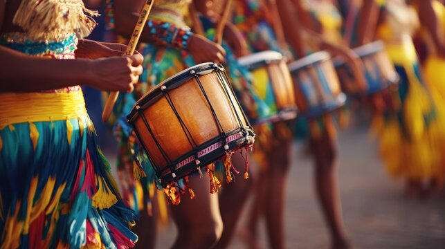 Colorful drummers in a lively parade vibrant costumes and festive atmosphere