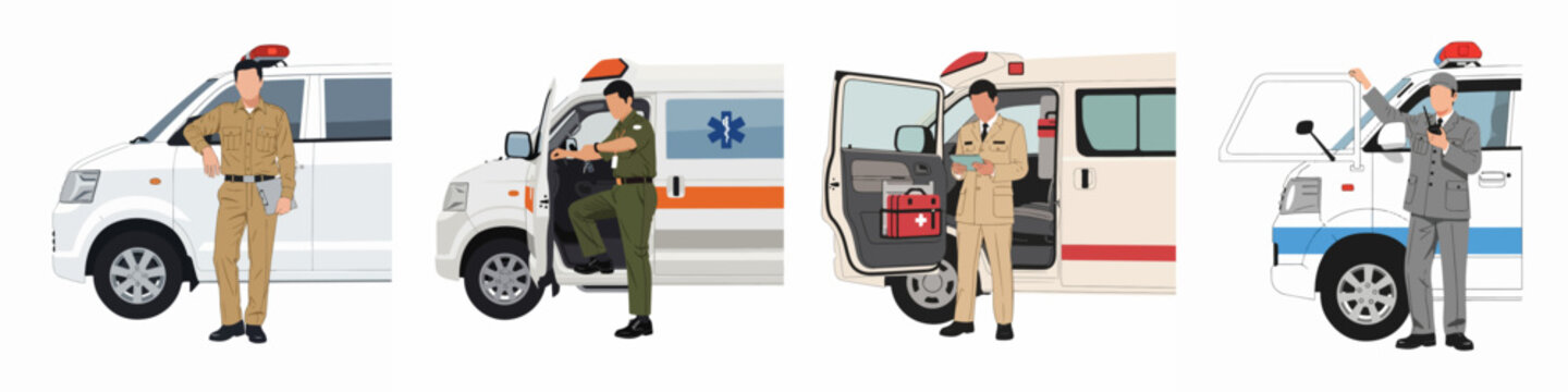 Illustration set of professional paramedics and ambulance drivers in various uniforms standing by emergency vehicles, ready for medical rescue operations.