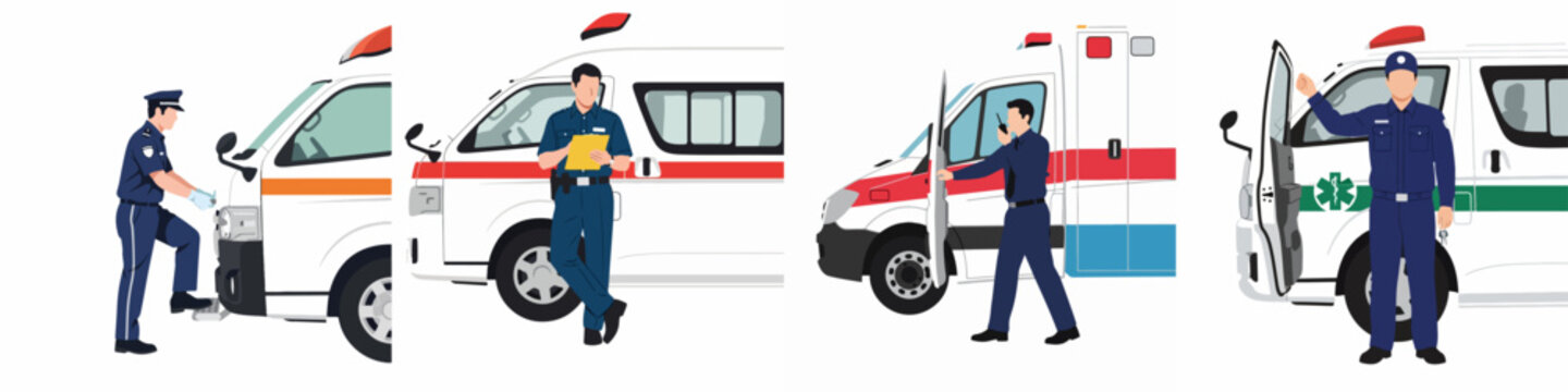 Flat vector illustrations of male paramedics in blue uniforms performing various duties next to white ambulances with red and green stripes