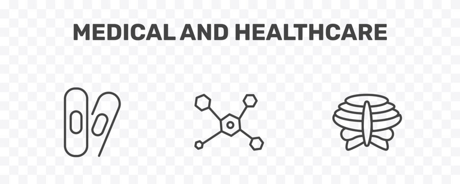 medical and healthcare icon set with bandage cross, molecular structure, sternum signs in flat outline style