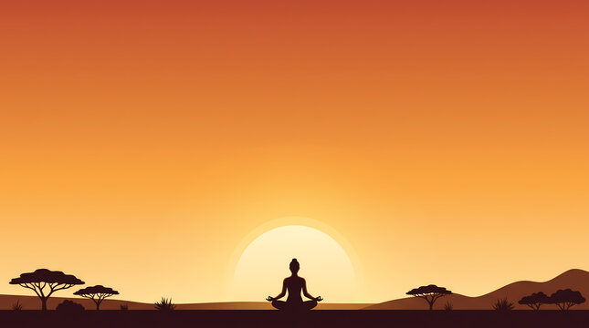 Yoga meditation silhouette in lotus pose with savanna sunset