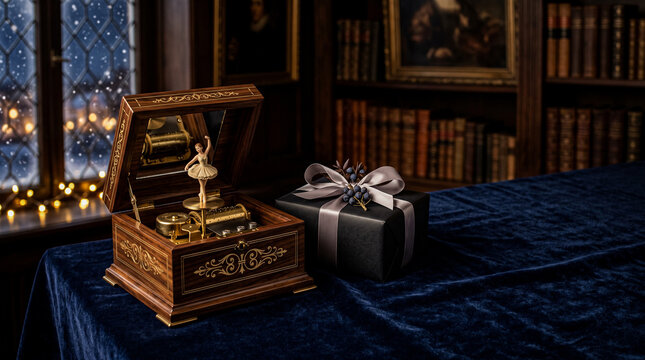 Luxury Vintage Music Box with Elegant Gift on Velvet Table for Holiday and Premium Brand Advertising