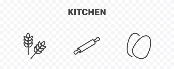 Fototapeta premium kitchen icon set with wheat, rolling pin, eggs signs in flat outline style