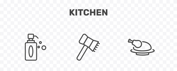 kitchen icon set with soap dispenser, meat tenderizer, broiler signs in flat outline style © Abstract