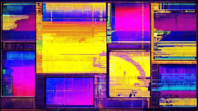 Neon cyberpunk grid background featuring colorful digital glitch blocks scanlines and retro tv static distortion effect