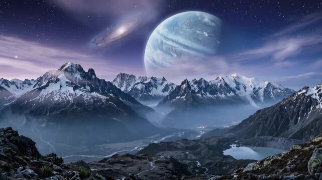 Majestic snowy mountain range landscape under a starry night sky with a giant planet and a galaxy in the background 4k video