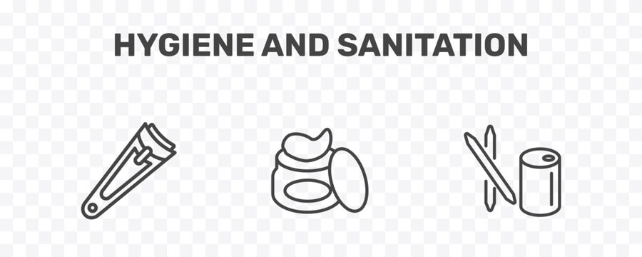 hygiene and sanitation icon set with nail clippers, gel, toothpick signs in flat outline style